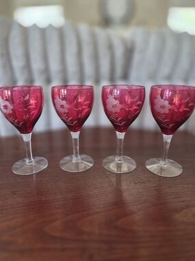Vintage Bohemian Cranberry Glass Wine Glasses Set of 4 White Etched Flowers